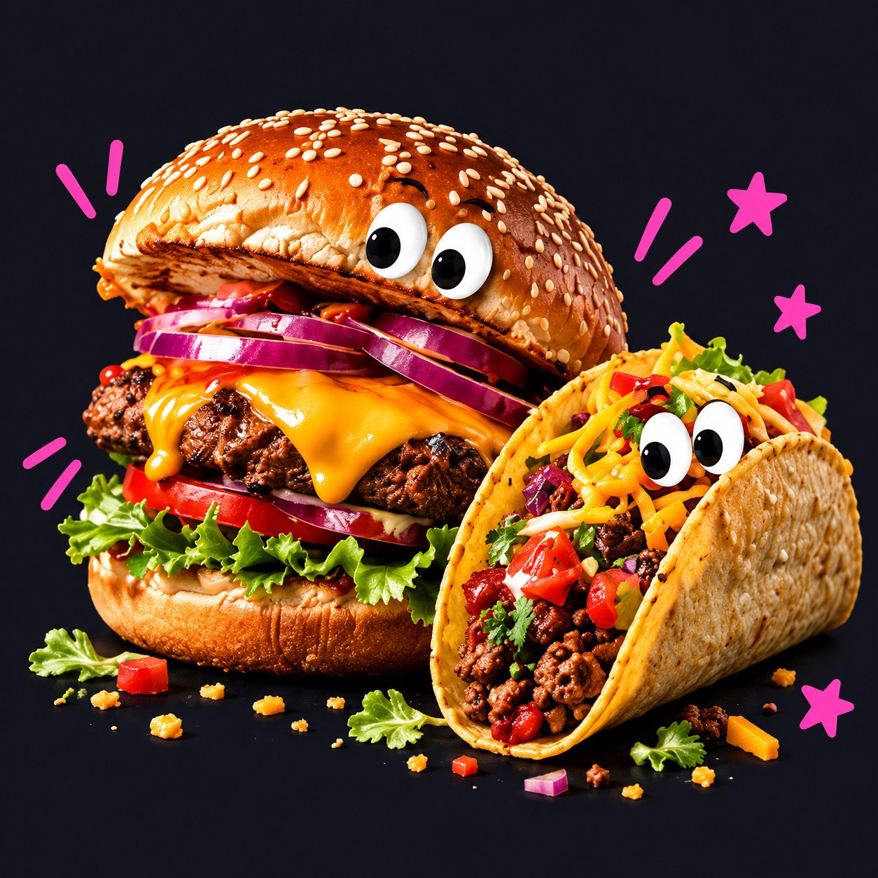 Realistic cheeseburger and crunchy taco with playful cartoon eyes and pink stars